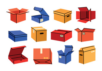 Cute gift and delivery boxes in retro cartoon. Open and closed boxes, shipping elements. Groovy and vibrant collection of boxes in trendy flat doodle illustration. Vector packages of different shapes.