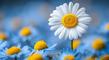 Fototapeta premium White daisy flower stands out among blue flowers in a vibrant natural garden setting