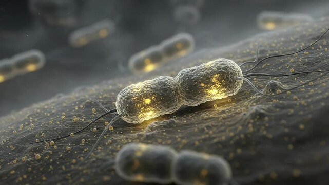 Detailed Microscopic View of Bacteria Cells with Flagella and Granular Surface with Golden Particle Effect under Gray Background Lighting
