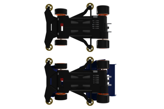 Two plastic Mini 4WD toy cars, one assembled blue and yellow racer and one unassembled chassis showing batteries. Hobby model kit building and racing concept on PNG. MINI4WD MINI 4WD 4 WD YONKU
