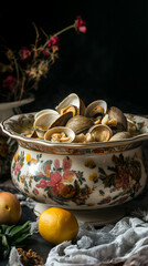 Clam chowder in a floral tureen with copy space