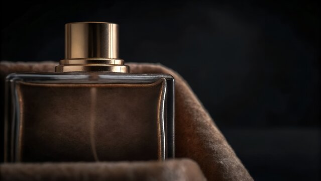 Elegante Parf&uuml;mflasche ruht auf weichem Stoff in dunklem Hintergrund