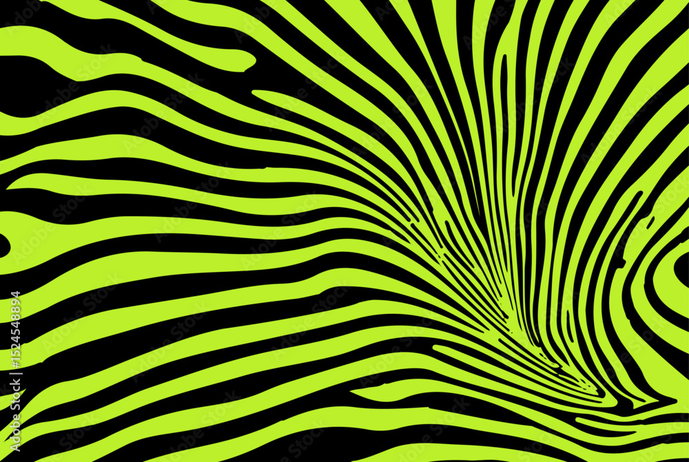 Fototapete Vector illustration with flowing black lines on a bright green background, creating a dynamic and abstract zebra-like pattern. This modern op-art style remains a top trend in digital design today.