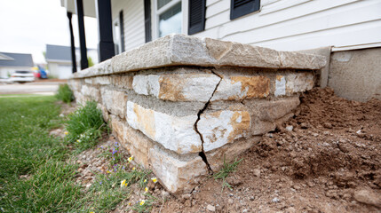 Close up of cracked stone foundation wall next to house shows damage caused by soil movement or settling, with visible cracks and displaced stones, indicating structural concern