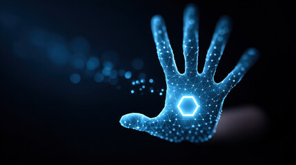 Digital hand with glowing lines and hexagon symbol palm, representing technology or digital interface, against dark background with light particles. image conveys futuristic, innovation