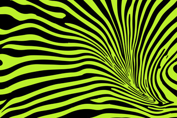 Vector illustration with flowing black lines on a bright green background, creating a dynamic and abstract zebra-like pattern. This modern op-art style remains a top trend in digital design today.