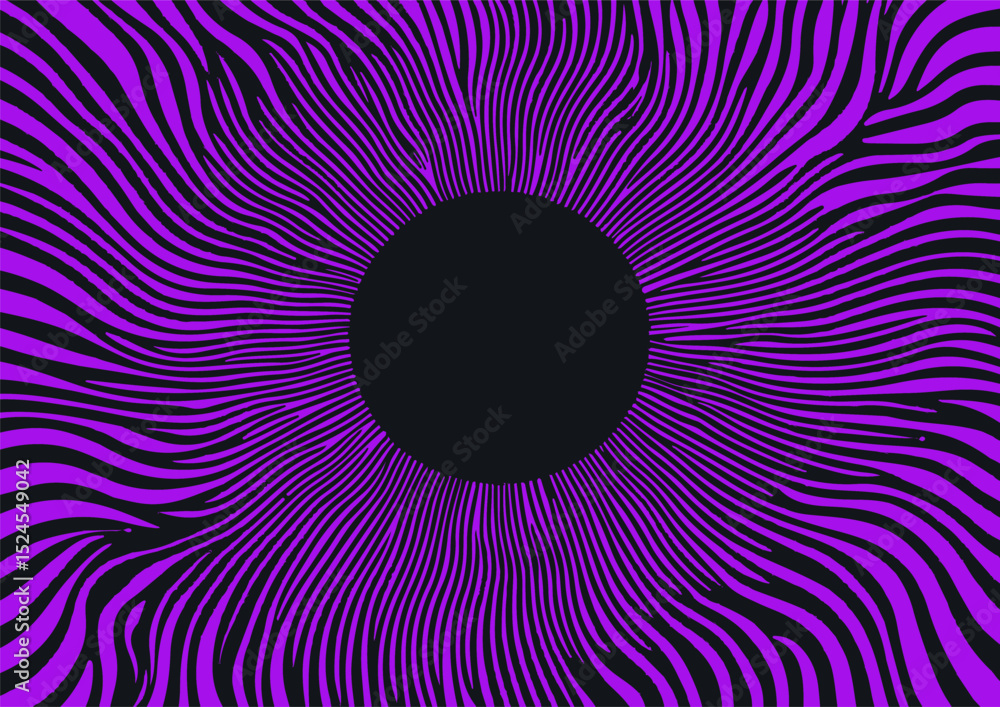 Poster abstract vector art of black and purple wavy lines radiating from a central black circle, utilizing 