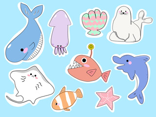 Cute sea creatures on a blue background