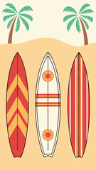 Vector illustration of surfboards and palm trees on a beach with a beach theme