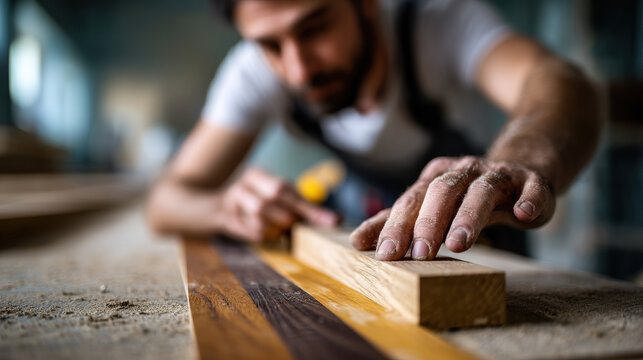 Skilled carpenter working on woodworking project, measuring and smoothing piece of wood with focus and precision, in workshop environment, showing craftsmanship and attention to detail