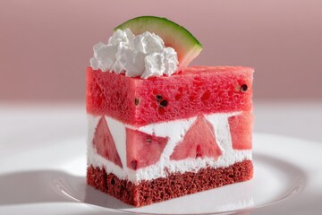 A piece of cake topped and filled with watermelon