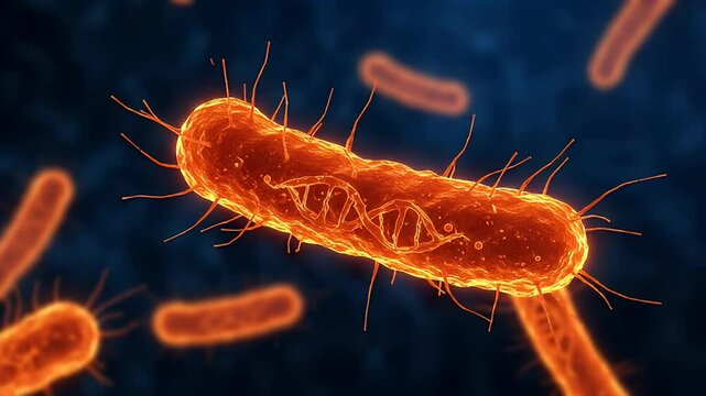 Detailed Orange Bacteria Render Floating on Dark Blue Background Showing Microbiology and Scientific Research in 3D Illustration for Adobe Stock Photo