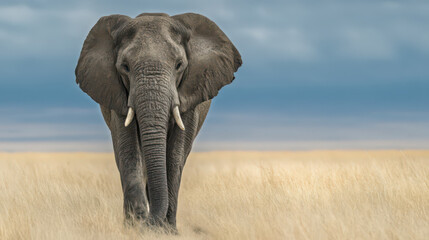 A large adult African elephant is centered in a grassy savanna.
