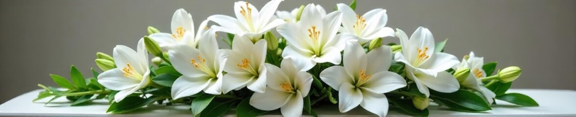A serene arrangement of white lilies, roses, and orchids rests in a simple, elegant casket spray Perfect for sympathy, remembrance, and funeral service imagery , elegant, flowers, solemn