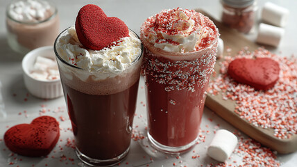 Valentine's Day hot chocolate or milkshake, delicious sweet red velvet, or sweet berry chocolate drink