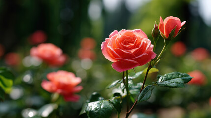 Vibrant pink rose in full bloom with dewdrops on its petals, surrounded by lush green leaves and other roses in background, creating peaceful garden scene filled with natural beauty and freshness