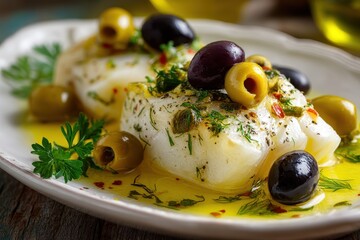 Cod stew with oil and olives on a white plate