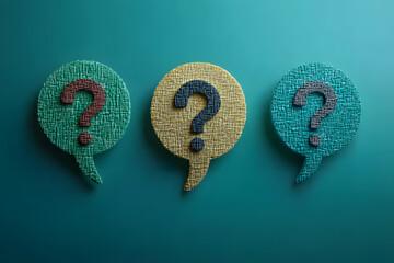 Three textured speech bubbles, teal and light green, each containing a question mark, symbolize inquiry, dialogue, and brainstorming, ideal for communication or problem-solving concepts