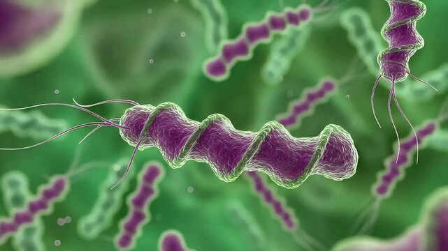Detailed Spirillum Bacteria Cells Rendered in Purple and Green on a Green Background Showing Microscopic Microbiology