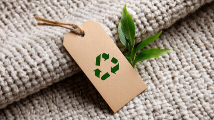 Eco friendly label on recycled content carpet with green plant and beige tag, emphasizing sustainability and natural materials, creating fresh and environmentally conscious atmosphere