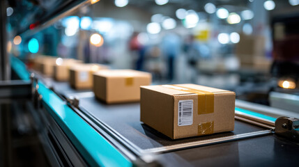 Automated packaging process with cardboard boxes moving along conveyor belt factory or warehouse setting, showing efficiency of modern shipping and logistics systems, with blurred background