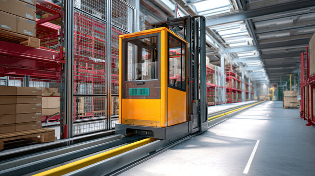 Modern automated vertical lift module operation inside warehouse, with shelves filled with boxes and storage units, showcasing efficient storage and retrieval system, bright lighting