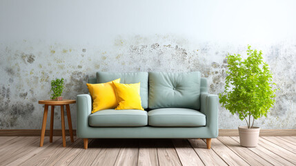 Modern living room with light blue sofa, yellow cushions, and potted plants on wooden floor, creating fresh and cozy atmosphere with natural light and clean design