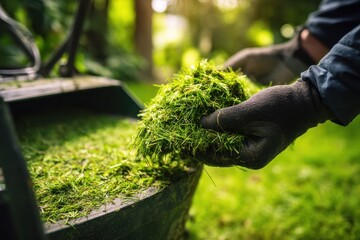 Compost container filled with lawn mower grass clippings Gardener incorporating fresh grass into compost pile Repurposing garden waste into organic fertilizer