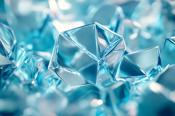 Overlapping translucent hexagons in cool blue and vibrant teal tones create a gradient backdrop symbolizing business strategy and decision-making efficiency for innovation