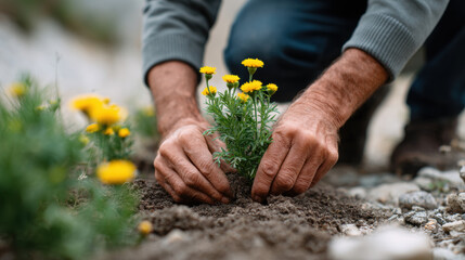 Fototapeta premium Close up of hands planting yellow flowers in soil, showing gardening activity and care for plants, with blurred background of garden environment, conveying growth and nature connection