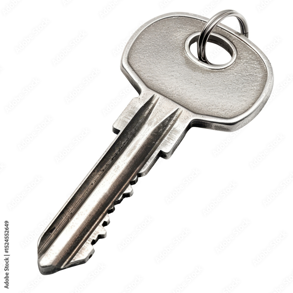 Poster close up image of metallic key, showcasing its shiny surface and detailed grooves. key is attached t