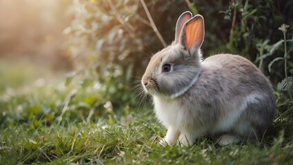 Fototapeta premium Cute Bunny with Big Ears and Fluffy Tail in Soft Pastel Colors for Rabbit Week. Copy Space