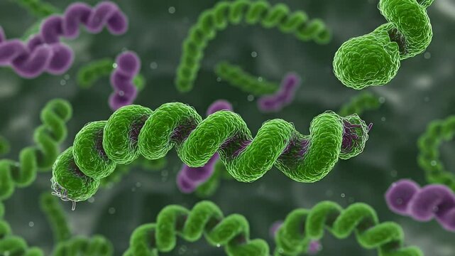 Green And Purple Spiral Bacteria In A Microscopic View For Medical Research And Scientific Study Of Disease And Infection