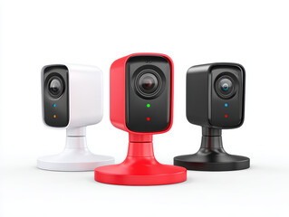 Set of three modern webcams in white, red, and black colors with privacy shutters and indicator lights, designed for home or office use, showcasing sleek and compact technology