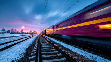 Fototapeta premium High speed train moving quickly along railway tracks during sunset, with snow on ground and colorful sky in background, creating dynamic and vibrant scene