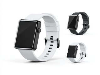 Modern smartwatch with sleek rectangular display and adjustable strap, shown in black and white, designed for fitness and daily use, with minimalist style and digital interface