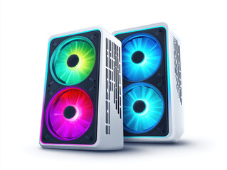 Colorful RGB computer case fans with dual cooling fans and vibrant lighting effects, designed for gaming or high performance PCs, showcasing modern cooling technology and sleek white casing
