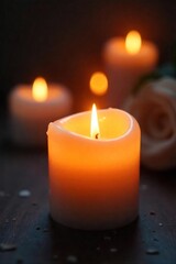 Close-up of a softly glowing candle, creating a warm and inviting candlelit ambiance Perfect for relaxation, spa, meditation, or romantic themes , meditation, candle holder