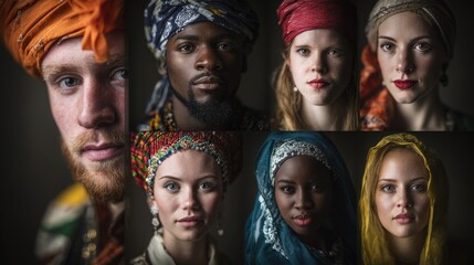 Fototapeta premium Portraits of diverse individuals with unique cultural elements, celebrating unity in diversity. 