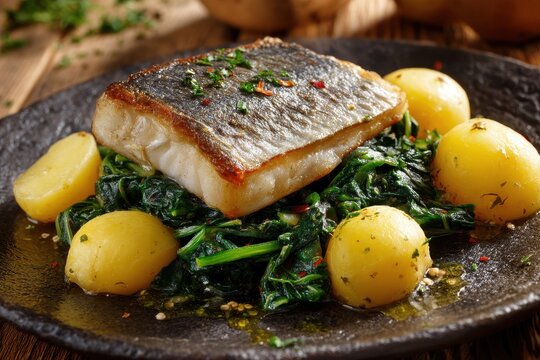 Fried sea bass fillet with boiled Swiss chard potatoes garlic and olive oil a healthy Mediterranean fish dish