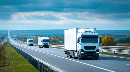 Image shows convoy of large trucks driving on highway through scenic landscape with trees and cloudy sky, suggesting long distance freight transport scene under partly cloudy weather