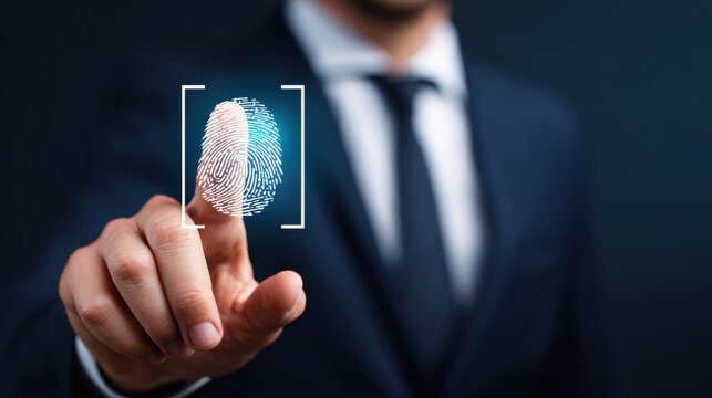 Businessman in formal suit using biometric fingerprint scanner for secure access, emphasizing modern technology and identity verification, with focus on security and authentication processes