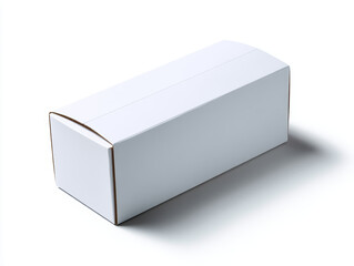Plain white rectangular box with curved edge one side, placed white surface with soft shadows, giving clean and minimalistic appearance. box appears to be made of cardboard or similar material