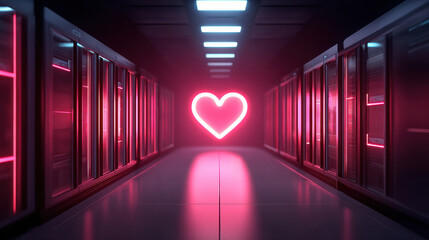 Futuristic data center corridor illuminated by pink neon lights with glowing heart symbol end, creating romantic and high tech atmosphere, evoking feelings of love and connection digital