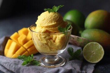 Frozen mango dessert with lime juice also known as nice cream