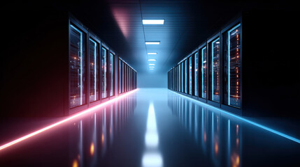 Futuristic data center corridor illuminated with vibrant blue and pink neon lights, reflecting sleek floor, creating high tech and modern atmosphere. scene evokes sense of innovation and security