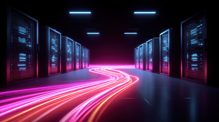 Futuristic data center with glowing server racks illuminated by blue and pink neon lights, featuring bright, winding light trail that suggests data flow or digital movement high tech environment