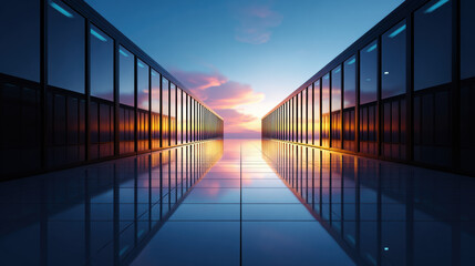 Modern glass building corridor with reflective floor and sunset sky, creating sleek and futuristic atmosphere, evoking innovation and technological progress