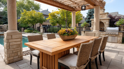 Obraz premium Outdoor dining area with wooden table and woven chairs under pergola, overlooking lush backyard with trees, pool, and built in grill, creating cozy and inviting space for gatherings