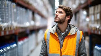 Naklejka premium Young man wearing safety vest and hoodie inspecting products in warehouse or store aisle, showing focus and attentiveness, with shelves filled with various items in background